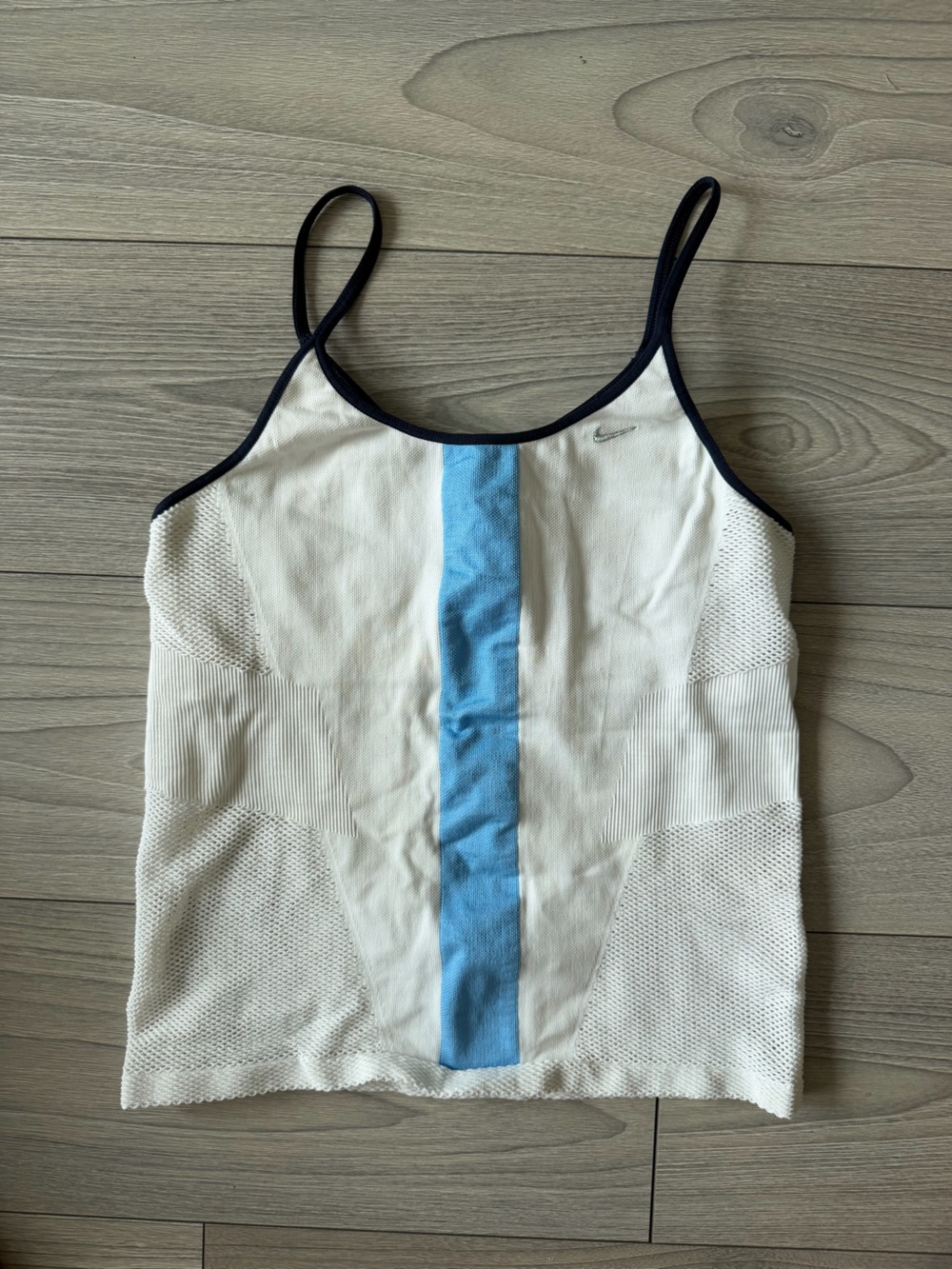 Nike White Tank with Sky Blue Center Stripe and Navy Trim